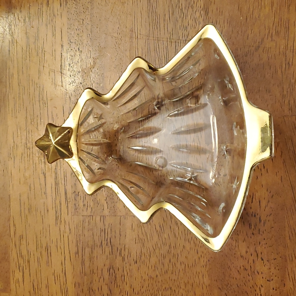 Glass Gold Trim Christmas Tree Candy Dish 6in